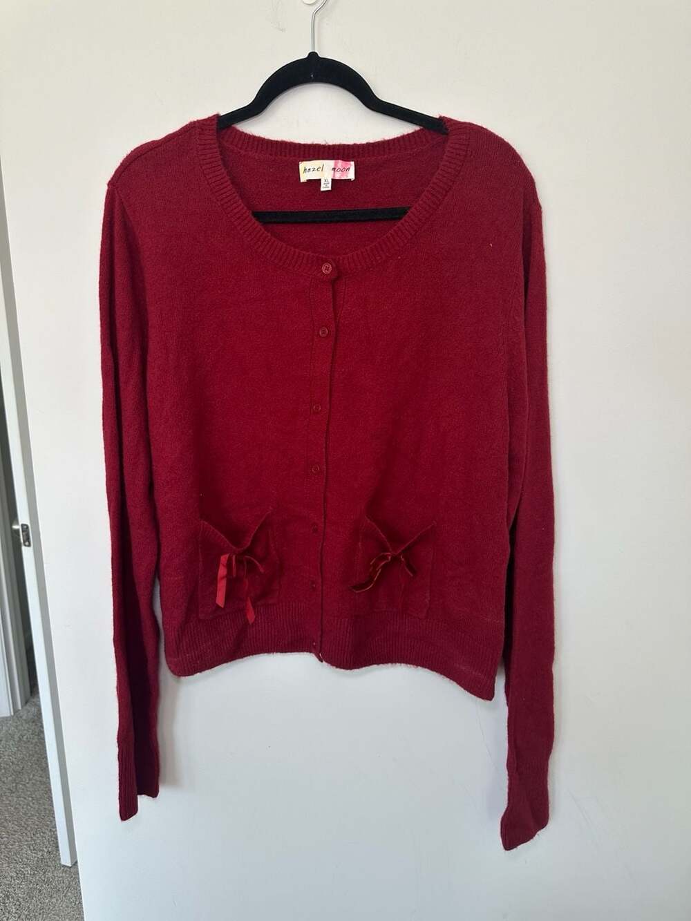 Hazel Moon Cardigan Size XL Red Button Front Bow Pockets Knit Sweater